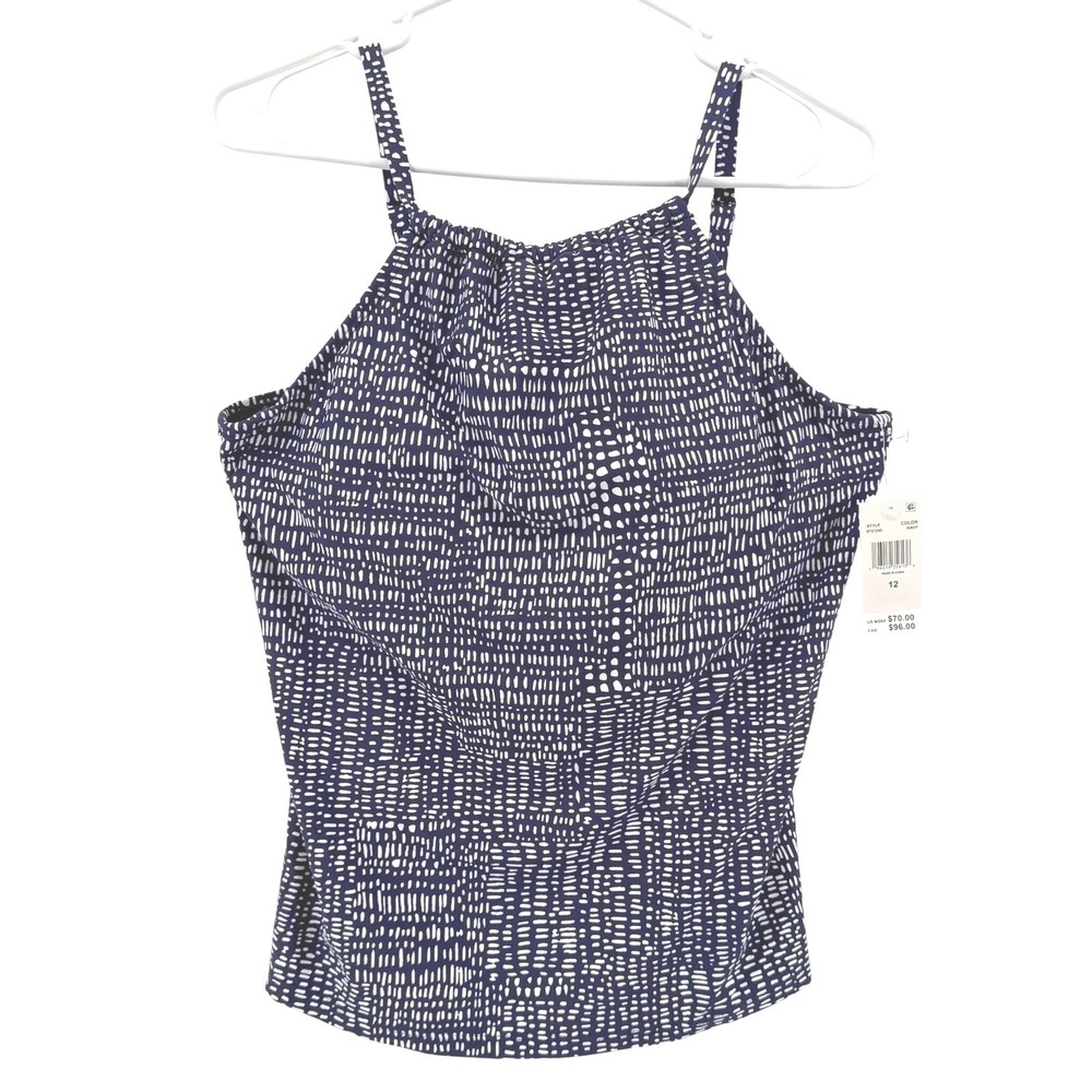 NWT Leilani Womens Size 12 Navy White Dash Print High Neck Underwire Tankini Top